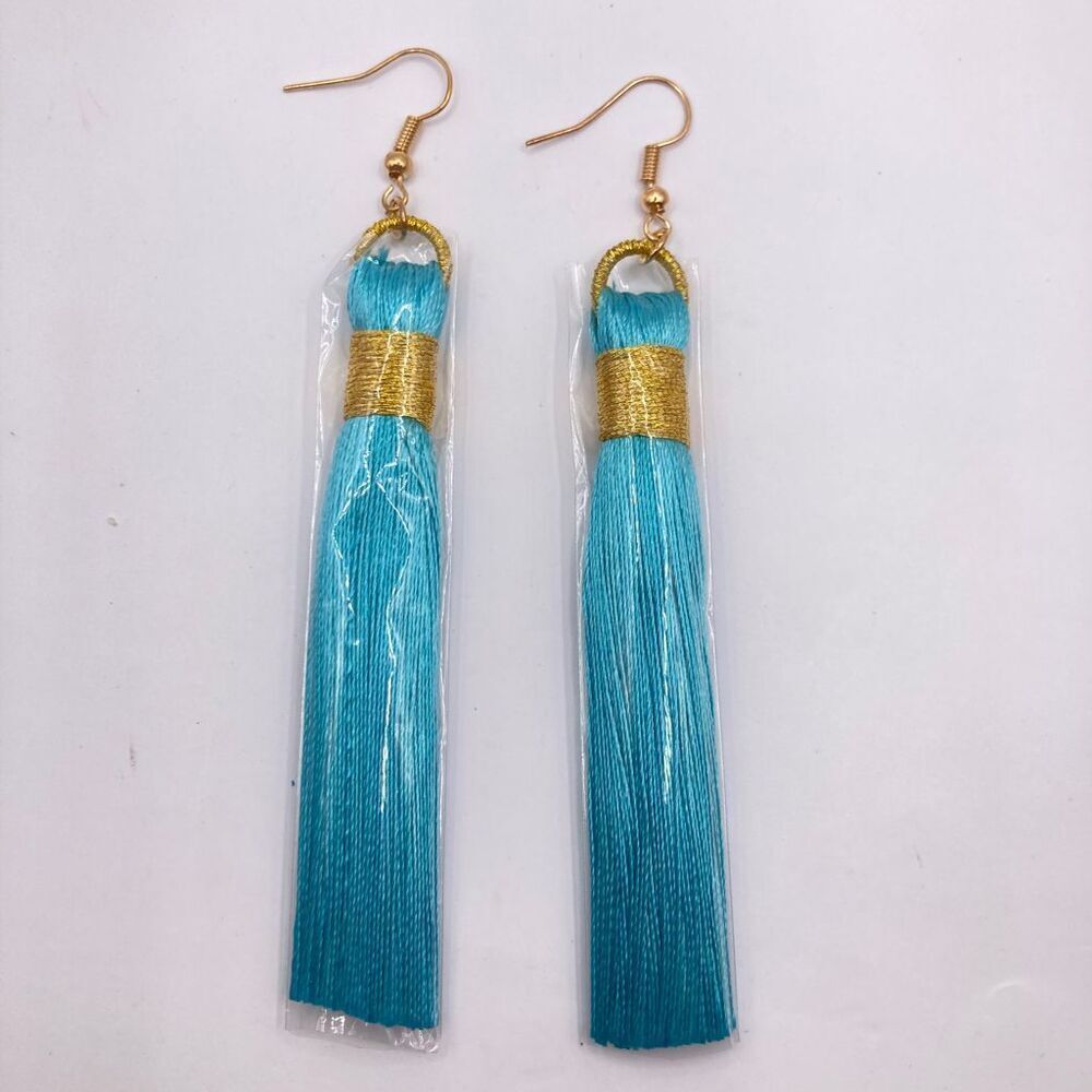 Boho Blue and Gold Tassel Earrings